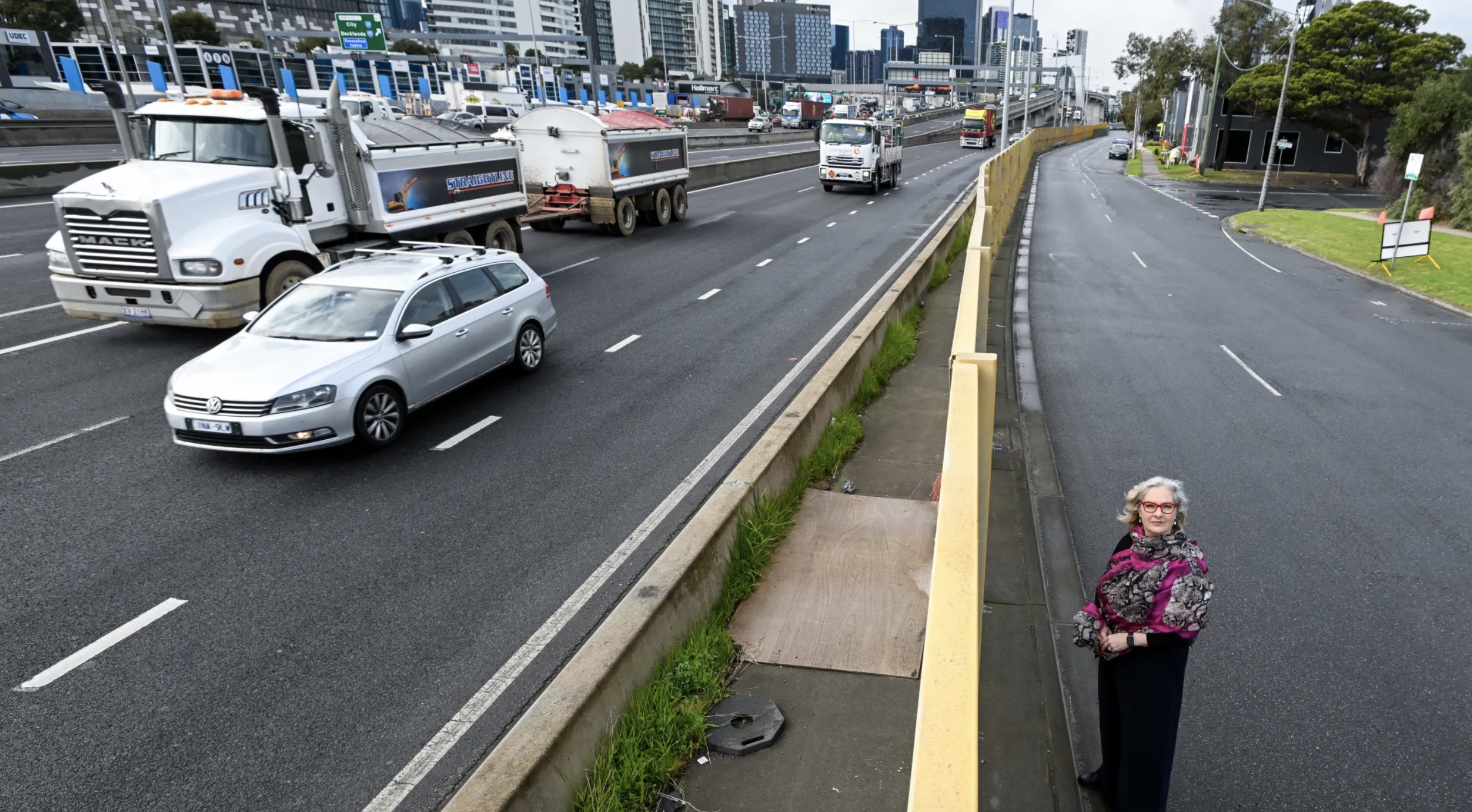 Bernadene Voss, President of the Fishermans Bend Business Forum, stands where a bridge for a tram to Fishermans Bend was proposed to be built by 2025