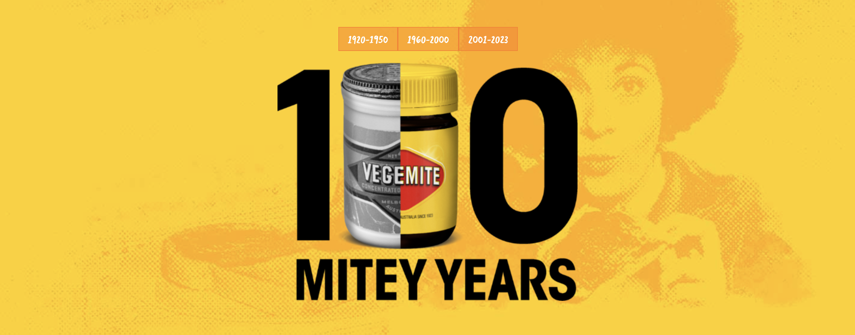A graphic depicting the original Vegemite tub on one side and the modern design on the other forming the first zero in one hundred, with the words Mitey Years underneath with a yellow background
