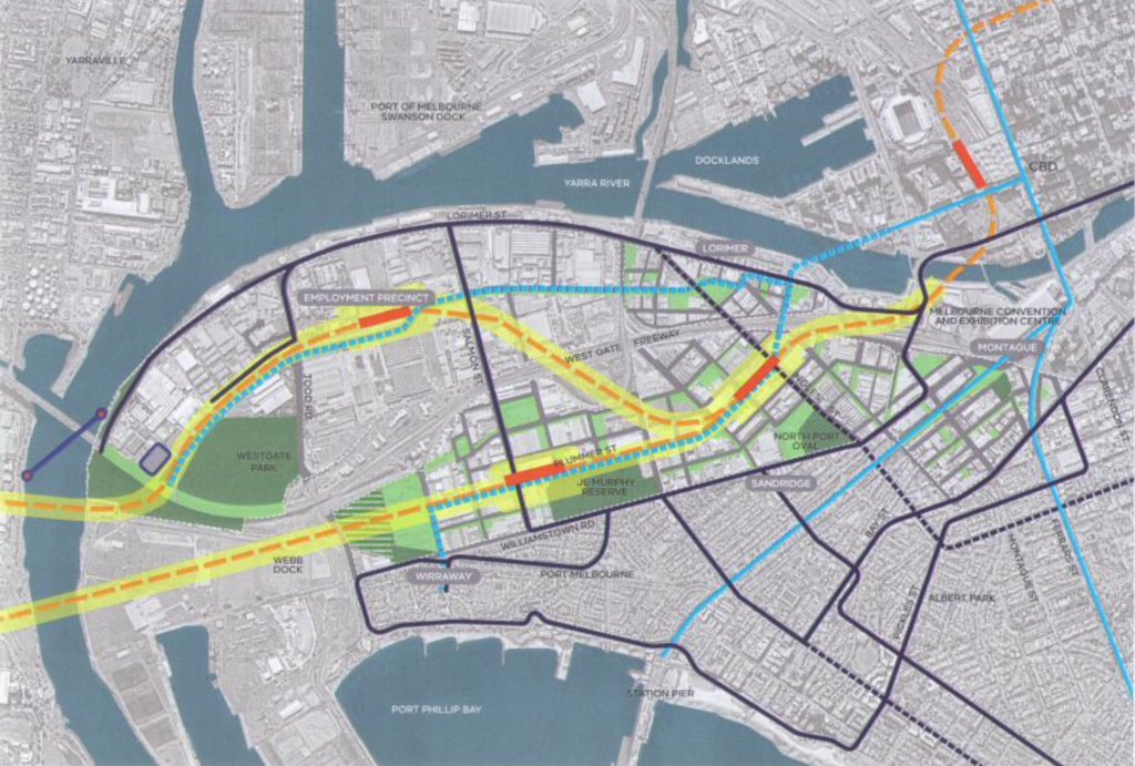 Aerial map of Fishermans Bend and South Melbourne with highlighted transportation network