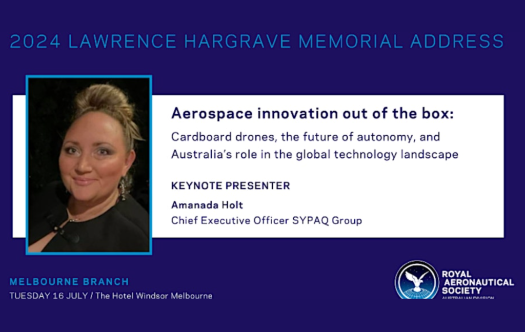 A headshot of SYPAQ CEO Amanda Holt and invitation to the Royal Aeronautical Society Lawrence Hargrave Event