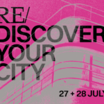 Open House Melbourne's 2024 event RE/DISCOVER your City design on pink background